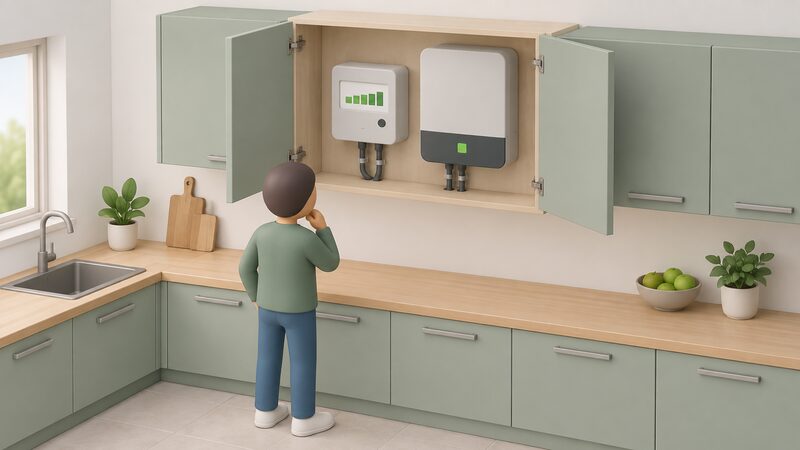 An open kitchen cupboard with a small simplified figure looking at a smart meter whose display shows a plain export reading, with a wall-mounted solar inverter visible alongside it inside the cupboard.