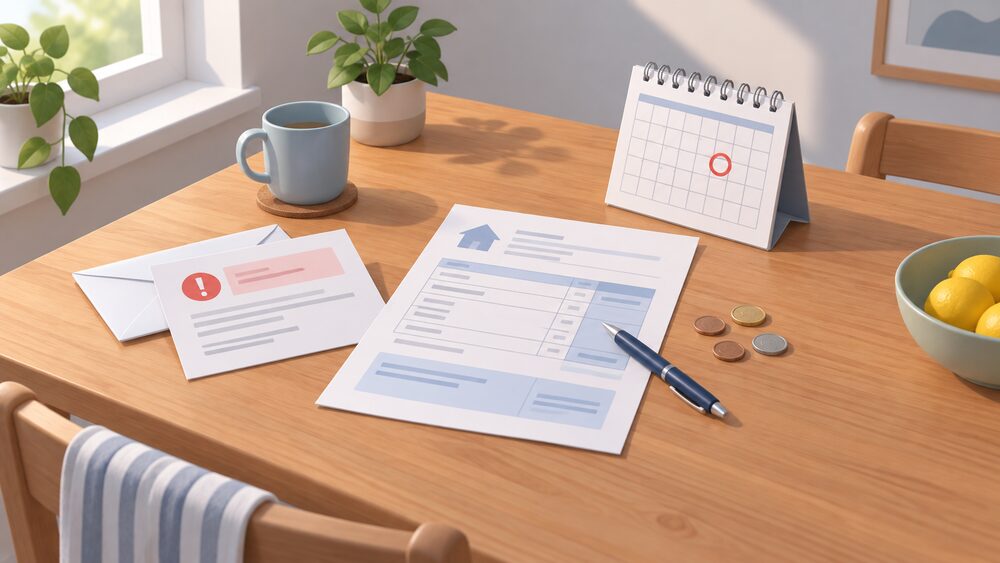 A kitchen table with a blank energy bill and a reminder letter lying open beside a wall calendar with one circled date, a pen resting on the paperwork and a few coins nearby, all lit by plain daylight from a window.