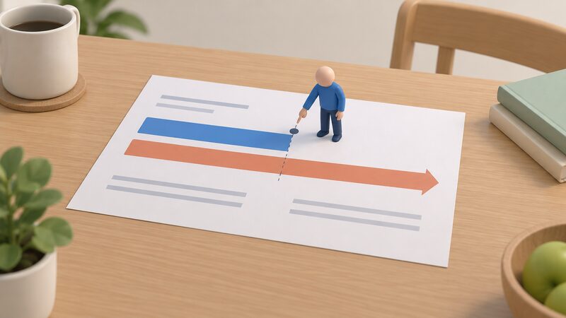 A printed comparison sheet lying on a household table shows two plain colour bands side by side, one ending at a marked point and the other continuing on, with a small isometric figure standing beside it pointing at the transition.