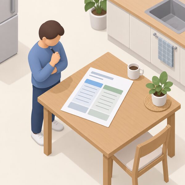 A paper energy bill lying on a kitchen table, its tariff rate section shown as blank lines and plain colour bands, with a simplified isometric figure standing beside the table holding a pen as if comparing the rates.