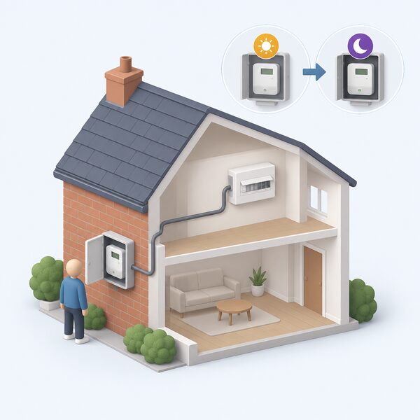 A simplified isometric view of a home cut away to show a smart electricity meter fitted in a box on an outside wall, with a small figure standing beside it, the meter connected by a cable into the home's consumer unit, showing the meter stays in place while tariffs change.