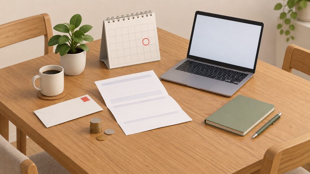 A kitchen table with a blank energy bill lying open beside a wall calendar with one circled date, a stamped envelope, a small stack of coins and a laptop with a blank screen, suggesting a household checking a tariff's end date before deciding whether to fix.
