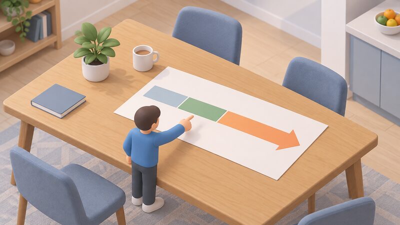 A printed timeline sheet lying on a household table, drawn as a horizontal band with plain colour segments showing the supplier notice period, the fee-free switching window and an arrow continuing into a rollover onto a standard variable tariff, with a small isometric figure standing beside it pointing at the switching window segment.