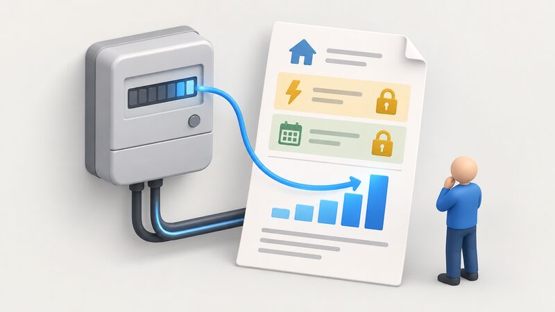 A diagram of an electricity meter feeding a bill sheet, with padlock icons fixed on a unit-rate block and a daily standing-charge block, while an arrow from the meter's usage dial to the bill total is left unlocked and free to grow.