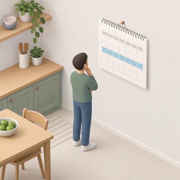 A wall calendar on a kitchen wall with a plain colour band spanning a stretch of months to represent a fixed deal of one to two years, beside a small isometric figure pausing to look at it.
