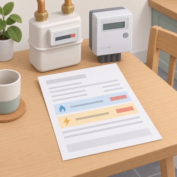 A dual fuel energy bill lying on a kitchen table beside a gas meter and electricity meter, with two separate charge lines highlighted in plain colour bands to show an exit fee applying to each fuel for leaving the contract early.