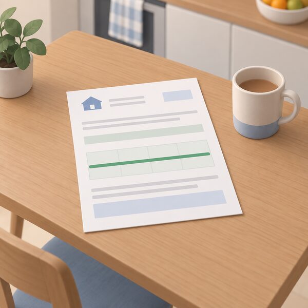 A paper household energy bill lying on a kitchen table beside a mug, drawn as a physical object with blank lines and plain colour bands, its unit-rate line shown as one unbroken flat band to illustrate the guaranteed price per unit held steady through the contract.