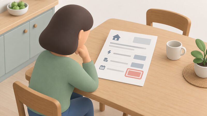 A paper household electricity bill lying on a kitchen table, drawn as a physical document with blank lines and plain blocks showing a fixed unit rate, a daily standing charge and a contract end date, with a simplified figure seated beside it reading it.