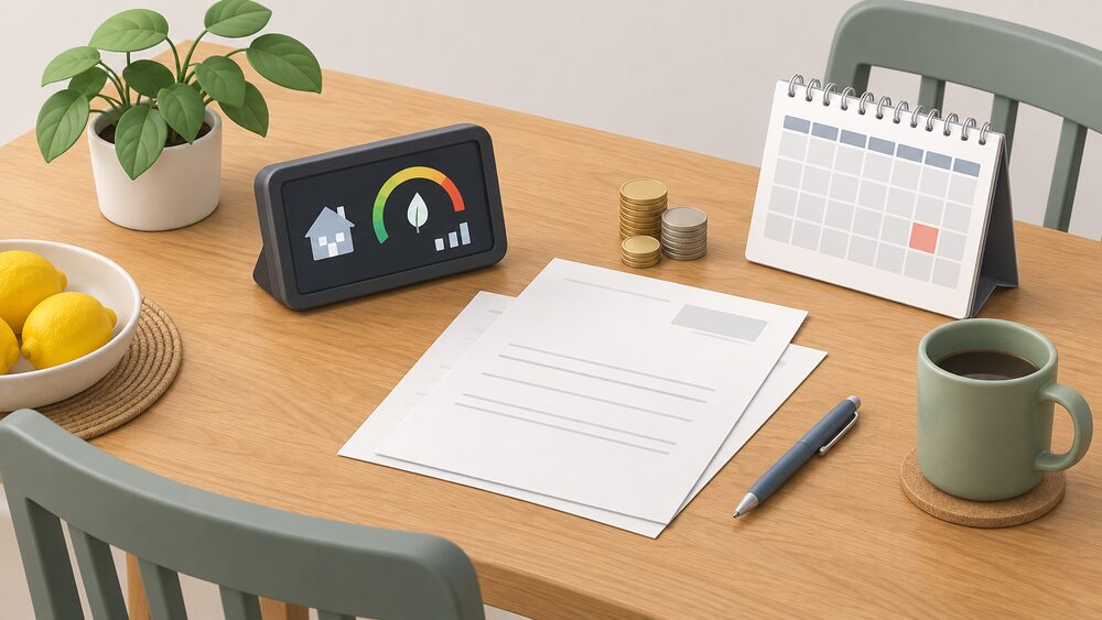 A kitchen table seen from above with a blank energy bill and blank contract papers beside a wall calendar, a small stack of coins, and a smart meter's portable display unit standing at the edge of the table.