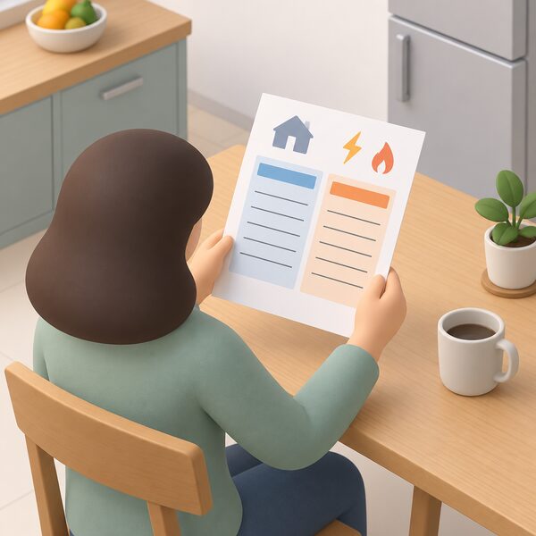 A paper household energy bill lying on a kitchen table, held by a simplified figure, with its tariff unit rate lines shown as blank ruled bands and plain colour blocks so no real figures appear.