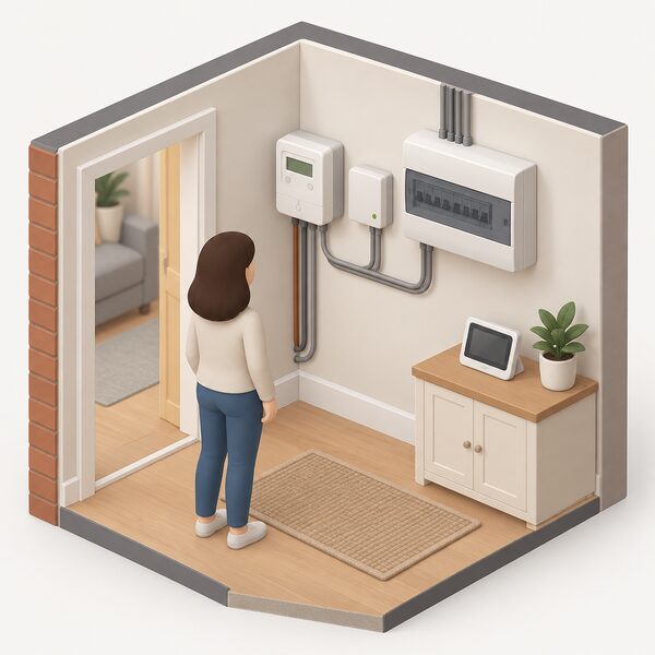A compact smart electricity meter with its small display screen mounted on an interior wall of a home, shown in a simple cutaway room setting, with the meter's communications hub and connecting cables to the consumer unit visible so the meter reads as a working installed device the household's tracker billing relies on.