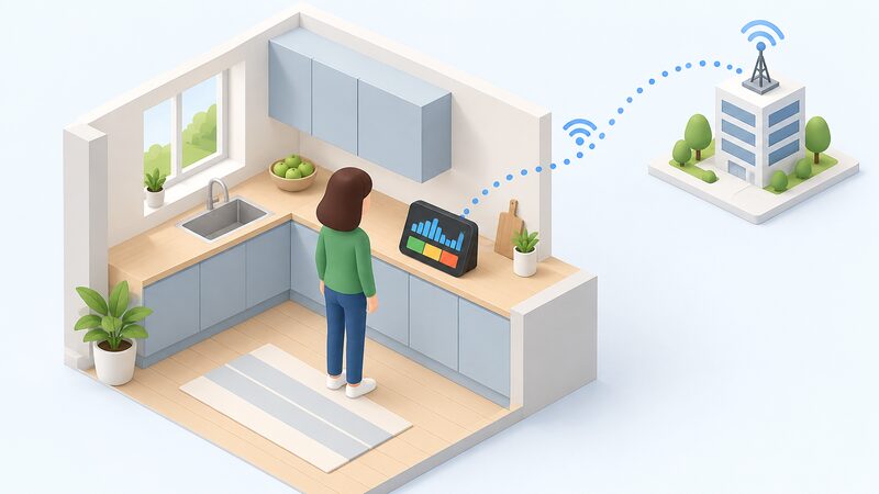 A small isometric figure stands in a home kitchen looking at a smart meter in-home display on the worktop, its screen showing a simple usage graph and cost blocks, with the meter's signal reaching out to a supplier's network.