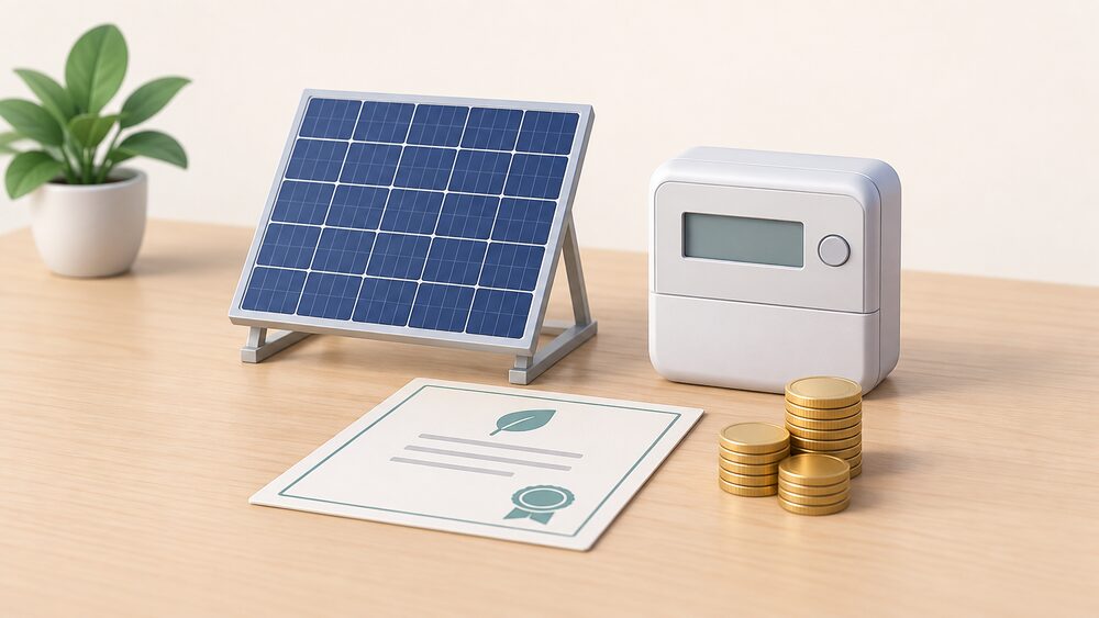 A small rooftop solar panel model stands on a table beside a smart meter with a blank display, a blank certificate document, and a short stack of coins representing export payments.