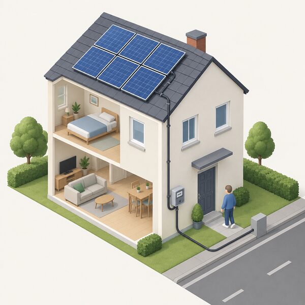 A small house shown in cutaway isometric view with solar panels on its roof, a cable running down the wall to an export electricity meter beside the front door, and a further cable continuing from the meter to the street connection point.