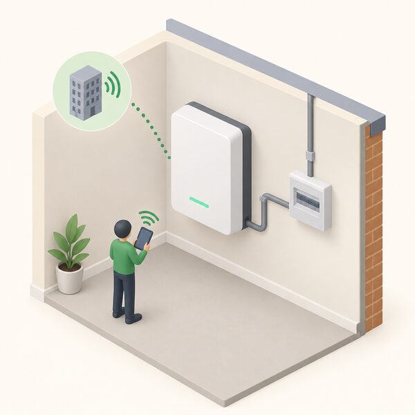 A wall-mounted home battery storage unit indoors, connected by cabling to the household electricity supply, with a small isometric figure beside it indicating the supplier's remote control of when the battery discharges for export.