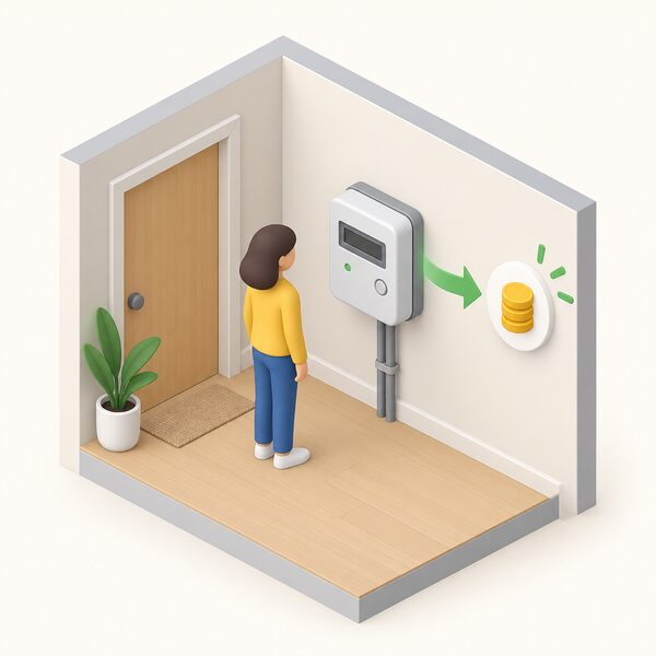 A simplified isometric view of a smart electricity meter fitted on an inside wall of a home, with a small figure standing beside it, showing the meter as the household's link to being paid for exported electricity.