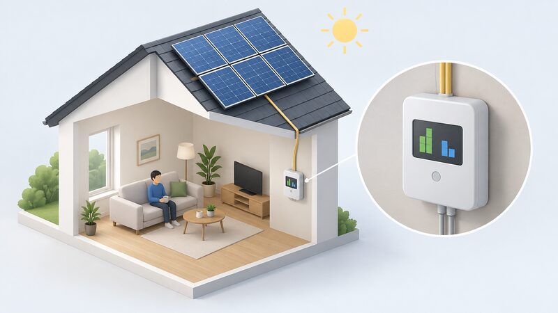 A wall-mounted smart electricity meter inside a home, its screen showing a plain display of units exported to the grid alongside solar generation, with a cable rising toward the roof where solar panels sit.