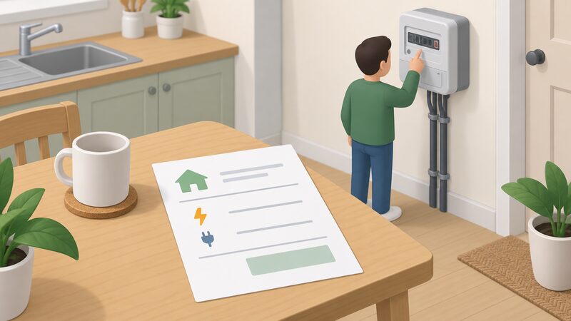 A printed energy statement lying on a kitchen table beside a domestic electricity meter, the statement showing blank-line fields for unit rate and standing charge and a simple bar block for total, with a small isometric figure reading the meter display.