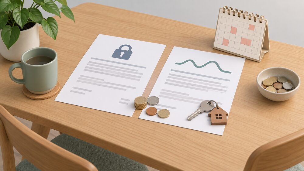 A kitchen table with two blank energy bills side by side, a small wall calendar beside them, a few coins and a house key resting on the papers, suggesting a household weighing a fixed deal against a variable one.