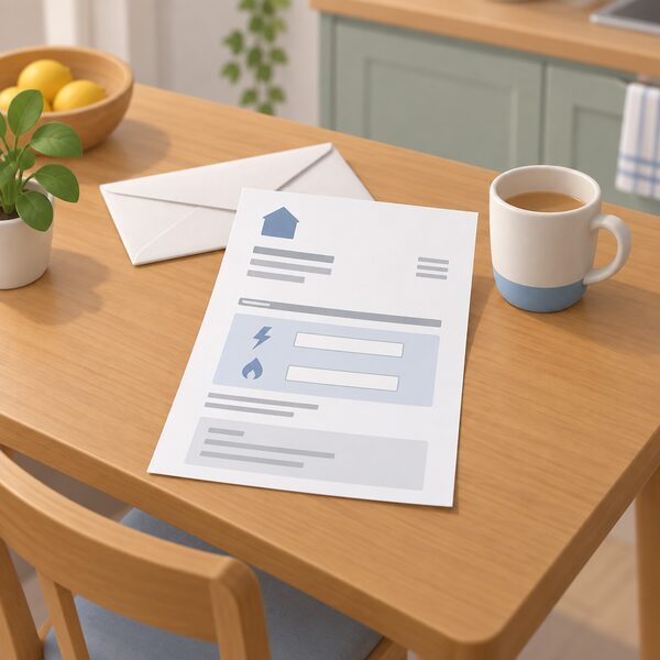 A paper household energy bill lying on a kitchen table, printed with blank-line blocks for the unit rate and the daily standing charge, beside an envelope and a mug, with no readable figures.