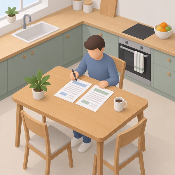 A simplified isometric figure sits at a kitchen table with two printed tariff quote sheets laid side by side, comparing them, with a pen in hand and a mug nearby in a plain domestic kitchen setting.
