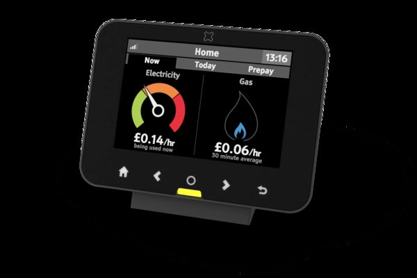 A smart energy monitor in-home display showing live electricity and gas costs per hour