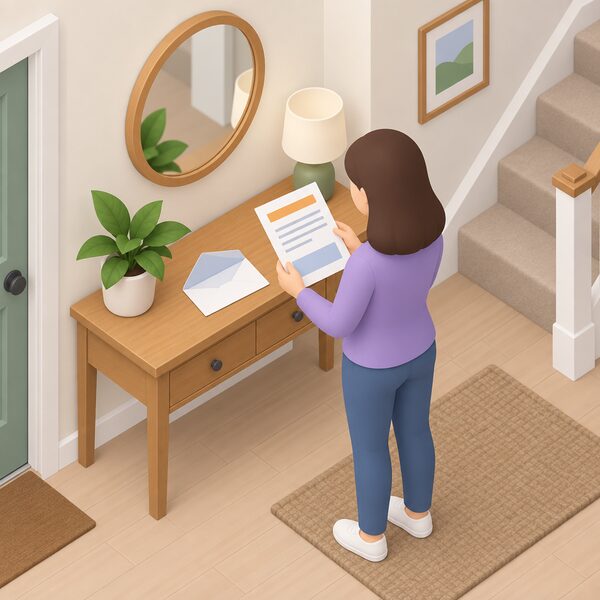 A sealed supplier letter lying on a hallway table of a home, opened envelope beside it, with a simplified isometric figure standing nearby reading the sheet, which shows only blank lines and plain colour bands where the reminder text would be.
