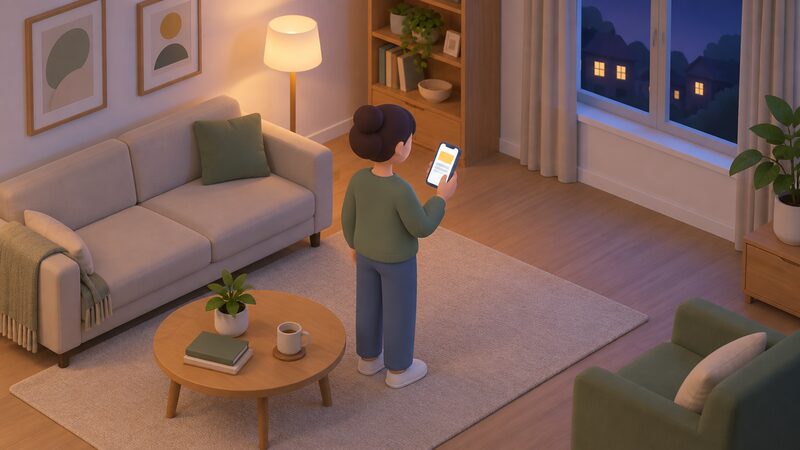 A simplified isometric figure stands in a home living room in the evening holding a phone whose screen shows a plain notification block, checking the details of a flexibility event window arriving the same day or the day before.