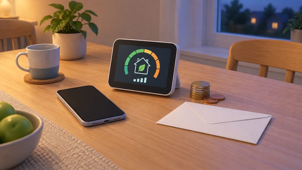 A kitchen table in the evening with a smartphone lying face up with a blank screen beside a smart meter's in-home display unit, a small stack of coins and a blank envelope, suggesting a flexibility event notification and the reward it earns.