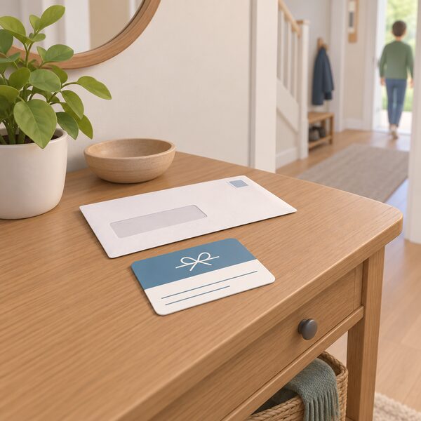 A single gift card lying on a hallway table beside an unopened energy bill envelope, drawn as a physical plastic card with a plain colour band and blank lines where printed details would be, in a domestic setting.
