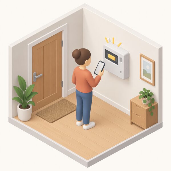 A small isometric figure stands indoors beside a wall-mounted prepayment-style electricity meter as a credit lands on it, shown as a simple highlighted block on the meter display, with a smartphone nearby showing the app used to apply it.