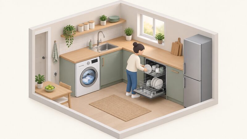 A home kitchen during a free electricity hour with a washing machine and a dishwasher both running at the same time, shown as a simple cutaway with a small isometric figure loading the dishwasher while the washing machine drum spins.