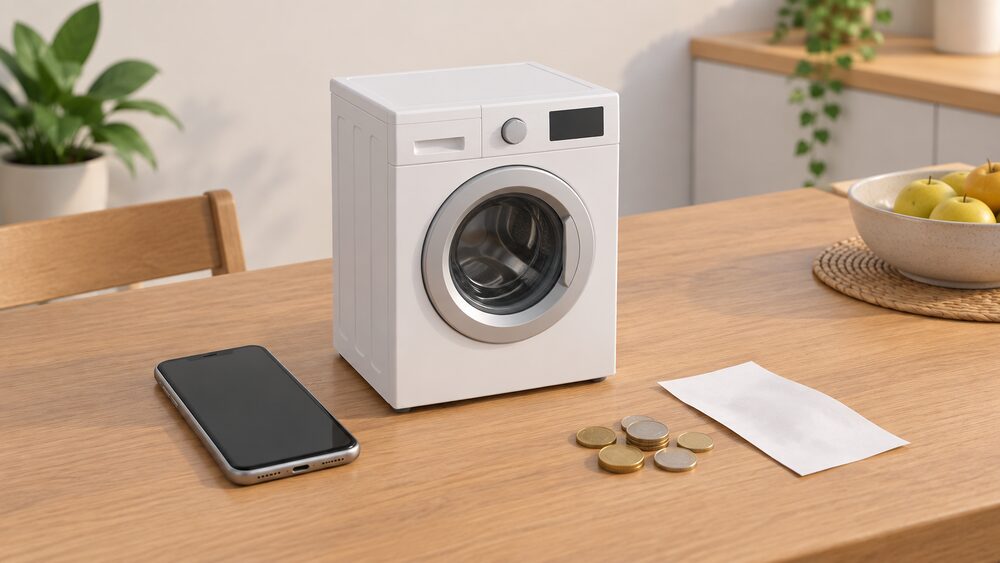 A small model washing machine with its door closed sits on a kitchen table beside a smartphone showing a blank screen, a few coins and a blank paper bill, representing a laundry load shifted into a rewarded electricity window.