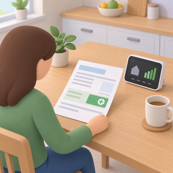 A paper electricity bill lying on a kitchen table beside a smart meter display, its face showing plain colour bands and blank lines with a highlighted credit block, as a Power Saver household would see after the credit is applied.