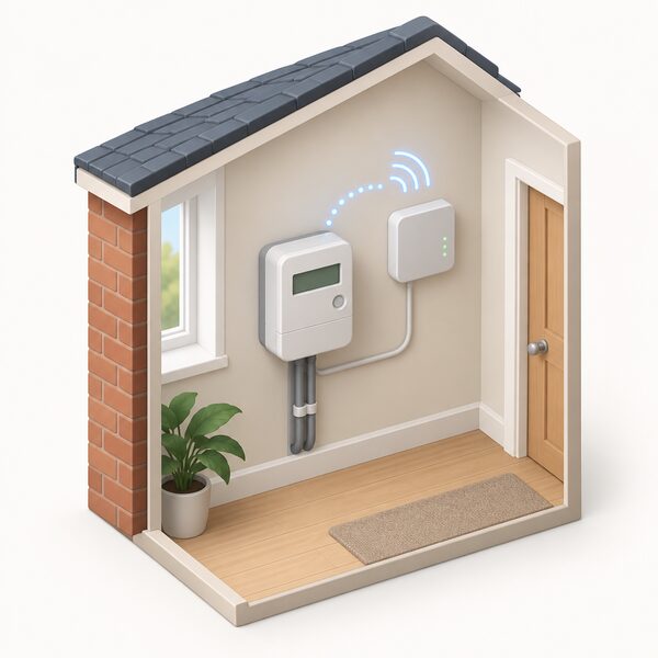 A compact electricity smart meter mounted on an interior wall of a home, shown in a simple cutaway view with its communications hub beside it and a signal path rising from the meter to indicate it is communicating readings, with no people present.