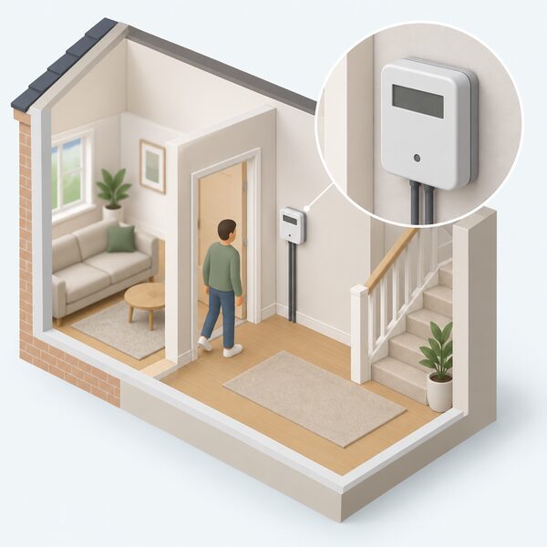 A domestic smart meter mounted on an indoor wall, shown in a simple cutaway of a home interior, illustrating the metering needed for half-hourly settlement on a time-of-use tariff.