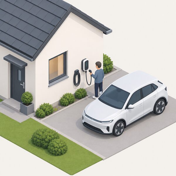 A small isometric figure stands beside a wall-mounted EV charger on the outside wall of a house, with a coiled charging cable on a holder and an electric car parked on the driveway ready to plug in.