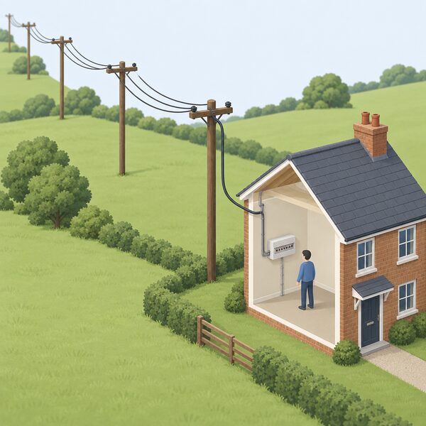 A simplified isometric view of overhead grid power lines on poles running across open countryside to a typical UK house, with the supply cable entering the building and connecting to its consumer unit, showing that the physical electricity supply arrives through the shared national grid network.