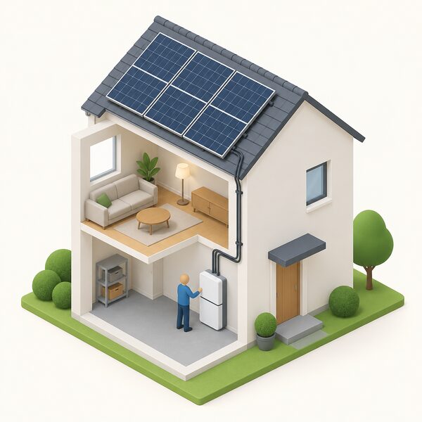 A simplified isometric cutaway of a house roof with solar panels on top and a battery installed inside, connected by cabling, with a small figure beside the battery installation showing the two fitted together as one system.