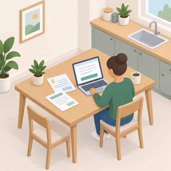 A simplified figure sits at a kitchen table completing a Direct Debit setup, with an energy bill and a payment notice letter laid out beside a laptop or tablet whose screen shows only blank lines and plain blocks, no readable words or numbers.