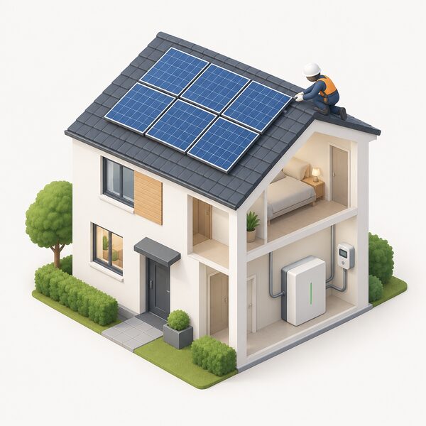 An isometric view of a house with solar panels on the roof and a battery installed inside, with a small simplified installer figure on the roof finishing the panel installation, showing the panels and battery installed together on one home.