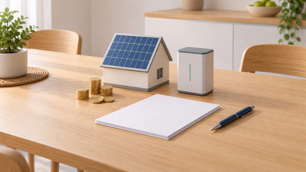 A kitchen table with blank paperwork, a pen and a small pile of coins beside a small model of a rooftop solar panel and a small model of a home battery, representing a household comparing export tariff offers.