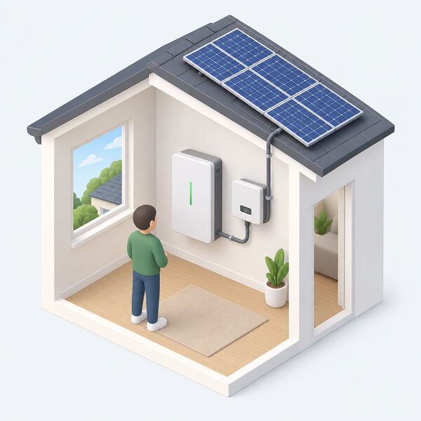 A wall-mounted home battery unit inside a home next to an inverter, connected by cabling to rooftop solar panels visible through a window, with a simplified isometric figure standing beside it looking at the installation.