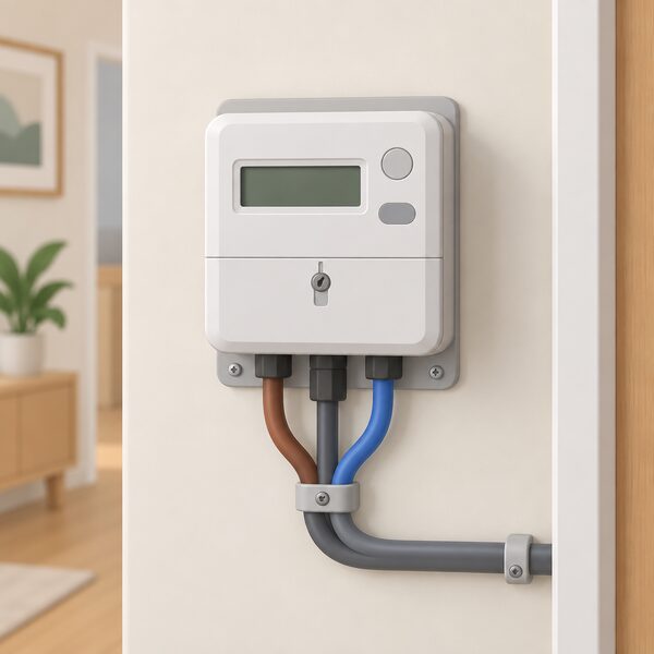 A domestic electricity meter mounted on an interior wall of a home, drawn as a clear close-up with its meter body, connecting wiring and a short run of cable, showing the device a supplier uses to measure exported units for payment under an export tariff.