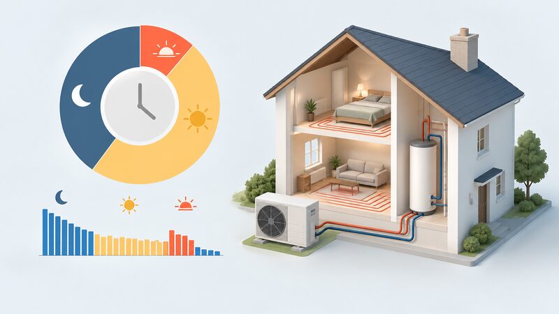 A printed diagram sheet showing a circular 24-hour dial divided into a long overnight cheap band, a mid-price daytime band and a short expensive evening peak, beside a simple house with a heat pump unit whose heating activity is shown concentrated in the cheap overnight band and eased during the peak.