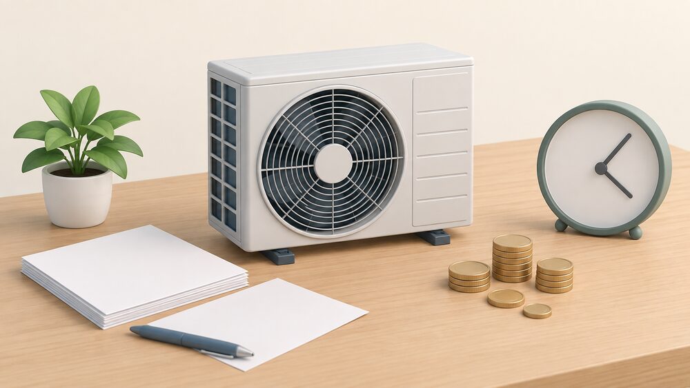 A small model of an air source heat pump outdoor fan unit stands on a table beside blank paperwork, a few coins, and a round clock face with hands but no numerals, suggesting the moment a household compares tariff savings.