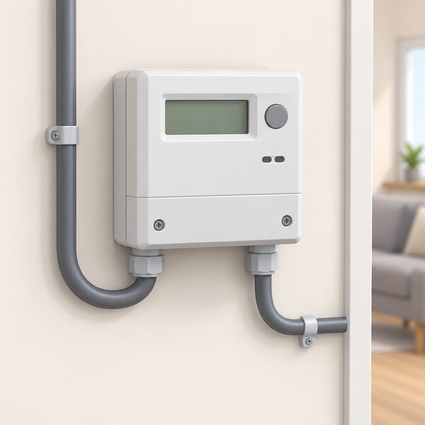 A domestic electricity meter mounted on an interior wall of a house, with the incoming supply cable entering it and a cable leaving toward the consumer unit, shown as the single meter that records the whole household supply during the cheap window.