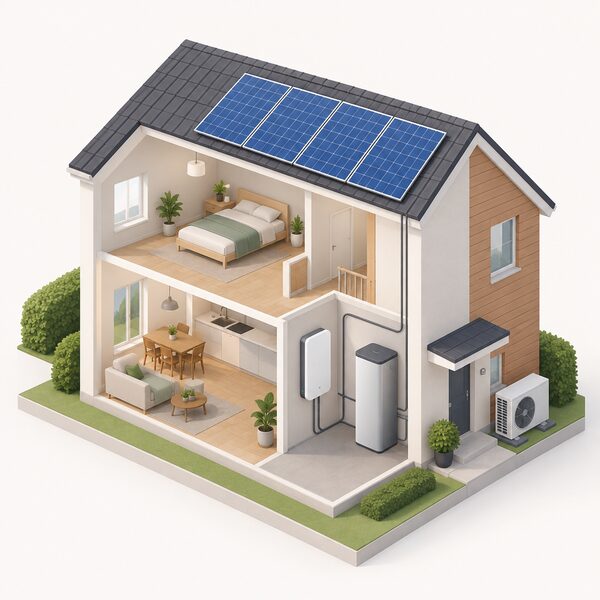 A cutaway view of a house with solar panels on the pitched roof, and indoors a wall-mounted battery unit connected to the home's electrics alongside a heat pump, showing the combined setup the guidance covers.