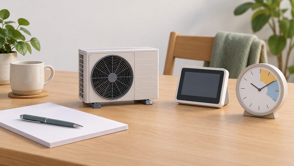 A small model of an air source heat pump outdoor fan unit stands on a table beside blank paperwork, a pen, a smart meter in-home display with a blank screen and a round clock face, arranged as a household considering a tariff switch.