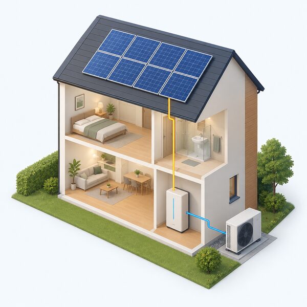 A cutaway view of a house with solar panels on the roof and a battery unit indoors, connected to an air source heat pump outside, showing the combination Energy UK says saves more when run flexibly.